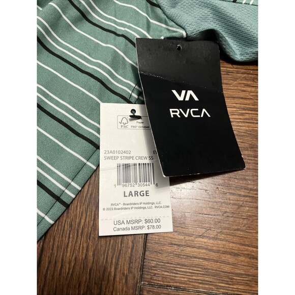 RVCA Sweep Stripe Crew SS Tee Green White Stripe Mens Size Large NWT $60 - Picture 3 of 4